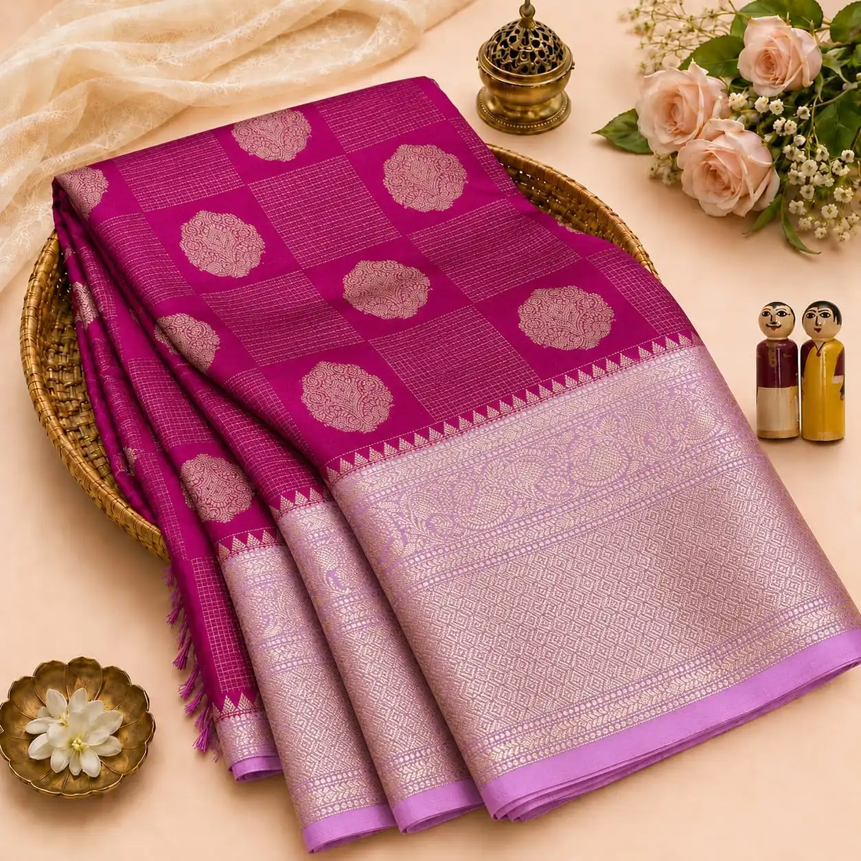 Traditional Round Motif & Grid Check Semi Silk Saree